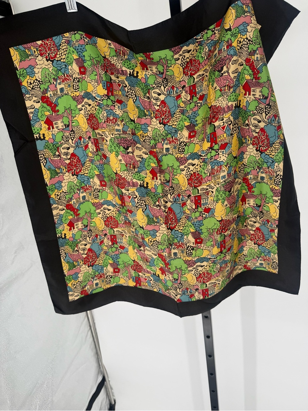 Liberty of London Silk Scarf w/ Colorful Village Scene & Black Border - Picture 6 of 10